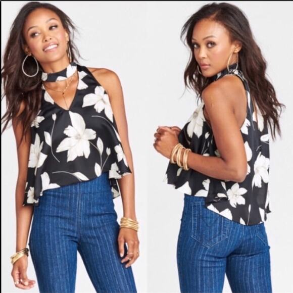 SMYM MuMu Mock Neck Casey Collar Top Black White Floral Swing Tank Blouse L - Picture 1 of 9
